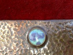 Liberty and Co. An Arts and Crafts copper mirror with a little blue Ruskin jewel to the top. - Thumbnail 2