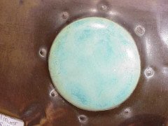 A large Arts & Crafts copper mirror with six large Ruskin roundel's. - Thumbnail 2