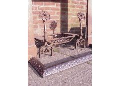 A quality hand forged and hand wrought Arts & Crafts fire dogs and basket - Thumbnail 1