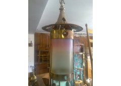 An Arts & Crafts silver plated hanging lantern with stylised cut-outs and a Vaseline and Cranberry shade - Thumbnail 1