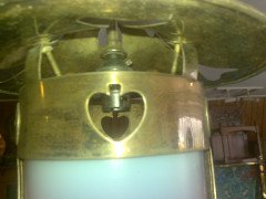An Arts & Crafts silver plated hanging lantern with stylised cut-outs and a Vaseline and Cranberry shade - Thumbnail 4