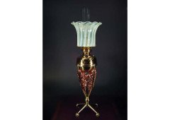 W. A. S. Benson. A brass and copper 4 leg oil lamp in the form of a large flower with original James Powell Vaseline shade - Thumbnail 1