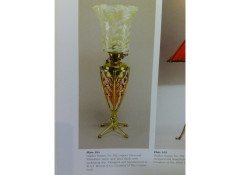 WAS Benson. A brass and copper 4 leg oil lamp in the form of a large flower with original James Powell Vaseline shade - Thumbnail 3
