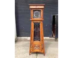 E. A. Taylor. A rare Arts & Crafts Glasgow school Oak grandfather clock with inlaid pewter motto to the top 'TIME FLIES'. - Thumbnail 1