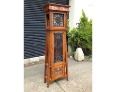 E. A. Taylor. A rare Arts & Crafts Glasgow school Oak grandfather clock with inlaid pewter motto to the top 'TIME FLIES'. - Thumbnail 2
