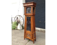 E. A. Taylor. A rare Arts & Crafts Glasgow school Oak grandfather clock with inlaid pewter motto to the top 'TIME FLIES'. - Thumbnail 3
