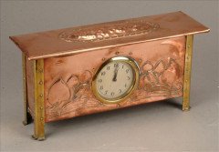George Walton. Arts & Crafts embossed copper and brass mantel clock - Thumbnail 1