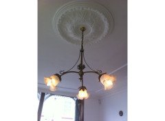 W. A. S. Benson, Style of. A Well-Crafted rare pair of Arts & Crafts three branch ceiling lights - Thumbnail 1