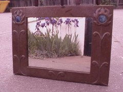 John Pearson. A superb Arts & Crafts copper mirror with beautiful blue Ruskin roundels - Thumbnail 1