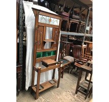 An Arts & Crafts Oak hallstand with leaded glass panel to top - Thumbnail 2