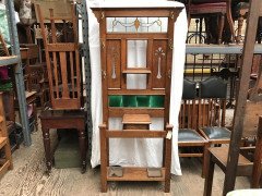 An Arts & Crafts Oak hallstand with leaded glass panel to top - Thumbnail 3
