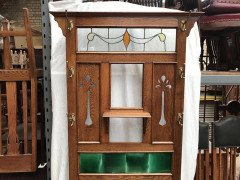 An Arts and Crafts oak hallstand with leaded glass panel to top - Thumbnail 4