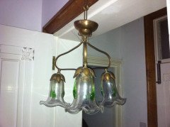 Arts & Crafts Three Branch Brass Ceiling Light with Petal Fitters - Thumbnail 2