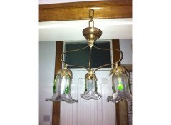 Arts & Crafts Three Branch Brass Ceiling Light with Petal Fitters - Thumbnail 3