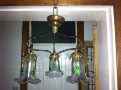 Arts & Crafts Three Branch Brass Ceiling Light with Petal Fitters - Thumbnail 4