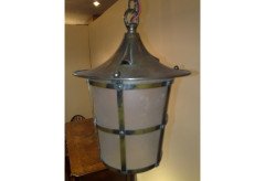 Arts & Crafts Brass Lantern with Conical Hat and Opaque Liner, c.1900 - Thumbnail 3