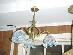 An Arts & Crafts brass three arm ceiling light with shades - Thumbnail 1