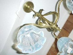 An Arts & Crafts brass three arm ceiling light with shades - Thumbnail 2