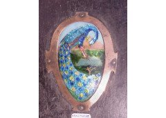 A vanity mirror with enamelled stylised Peacock to the back and enamelled letter amongst green heart shaped leaves. - Thumbnail 2