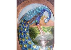 A vanity mirror with enamelled stylised Peacock to the back and enamelled letter amongst green heart shaped leaves. - Thumbnail 4