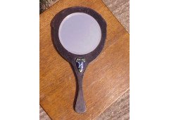 A vanity mirror with enamelled stylised Peacock to the back and enamelled letter amongst green heart shaped leaves. - Thumbnail 5