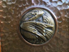 Shapland & Petter. Rare Arts Crafts trunk with stylised copper panels depicting mythical birds - Thumbnail 6
