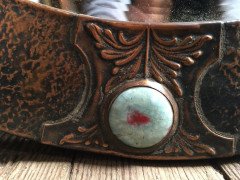Liberty & Co., Style of. An Arts & Crafts circular copper mirror inset with four turquoise and red Ruskin jewels. - Thumbnail 4