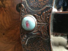Liberty & Co., Style of. An Arts & Crafts circular copper mirror inset with four turquoise and red Ruskin jewels. - Thumbnail 5