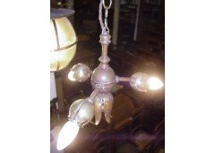 W. A. S. Benson, Style of. An Arts & Crafts copper three branch ceiling light with stylised floral pod details - Thumbnail 1
