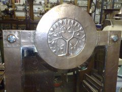 An Arts & Crafts copper mirror with blue Ruskin jewels - Thumbnail 4