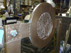 An Arts & Crafts copper mirror with blue Ruskin jewels - Thumbnail 5