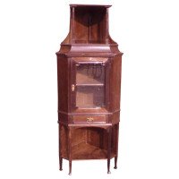 Secessionist Style Walnut Corner Display Cabinet with Stylized Brass Handles - Thumbnail 1