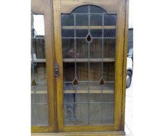 Arts & Crafts Oak Bookcase with Teardrop Stain Glass, Drawers & Lower Cupboard - Thumbnail 4
