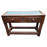English Arts & Crafts Oak Hall Table with Carved Decoration & Blue Marble Top - Thumbnail 1