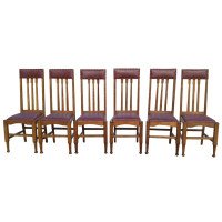Eight Arts & Crafts Glasgow-Style High Back Oak Dining Chairs with Leather Seats