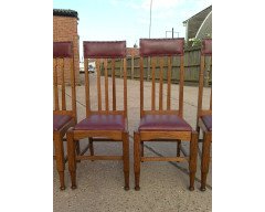 Eight Arts & Crafts Glasgow-Style High Back Oak Dining Chairs with Leather Seats - Thumbnail 2