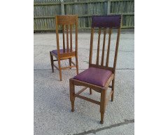 Eight Arts & Crafts Glasgow-Style High Back Oak Dining Chairs with Leather Seats - Thumbnail 5