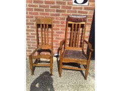 Eight Arts & Crafts Glasgow-Style High Back Oak Dining Chairs with Leather Seats - Thumbnail 9