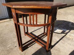 Arts & Crafts Octagonal Oak Centre or Side Table with Stylised Floral Carving - Thumbnail 4