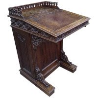 A. W. N. Pugin Attributed, Gothic Revival Oak Davenport with Linenfold & Floral Carving