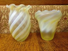 One Arts & Crafts Vaseline/Uranium Glass Shades, One Swirl, One Zigzag Patterned - Thumbnail 4