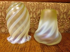 One Arts & Crafts Vaseline/Uranium Glass Shades, One Swirl, One Zigzag Patterned - Thumbnail 3