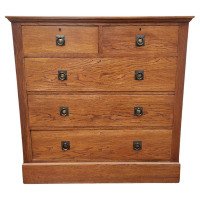 Harris Lebus Arts & Crafts Oak Chest of Drawers with Brass Ring Pull Handles - Thumbnail 1