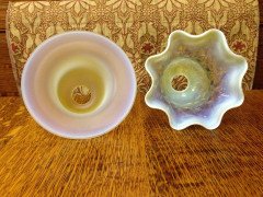 A Flat Rim Arts & Crafts Vaseline/Uranium Glass Shade & One with a Frilly Rim - Thumbnail 4