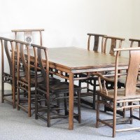 Chinese Hard Wood Dining Table & Eight Matching Chairs All with Stylised Carving - Thumbnail 3