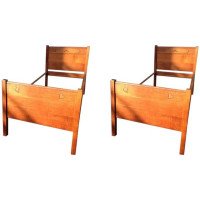 Heal's, Near Pair of Arts & Crafts Single Oak 3 Foot Wide Beds with Carved Hearts