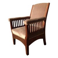 Walnut Arts & Crafts Armchair with Pyramidal Top Details & Curved Out Arms - Thumbnail 1