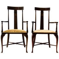 Two Arts & Crafts Armchairs inlaid with Abalone, Walnut, boxwood & Sycamore - Thumbnail 3