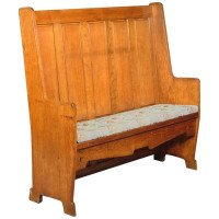 E. A. Taylor Attr, Arts & Crafts Oak Panelled Settle with twin heart cut-outs. - Thumbnail 1