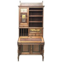 H. W. Batley Gillows & Co. Aesthetic Movement Walnut & Gilt Secretaire Bookcase - Thumbnail 1